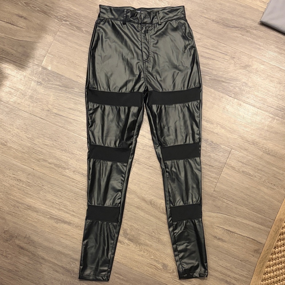 Black Faux Leather Leggings with Mesh Cutouts